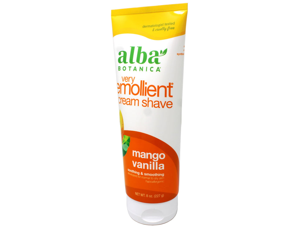 ALBA Botanica Cream Shave Mango Vanilla, etiqueta visible, diseño práctico para doble paquete.