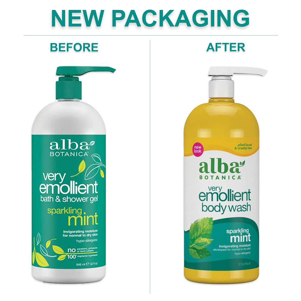 Envase de 32 onzas de Alba Botanica gel ducha emoliente.