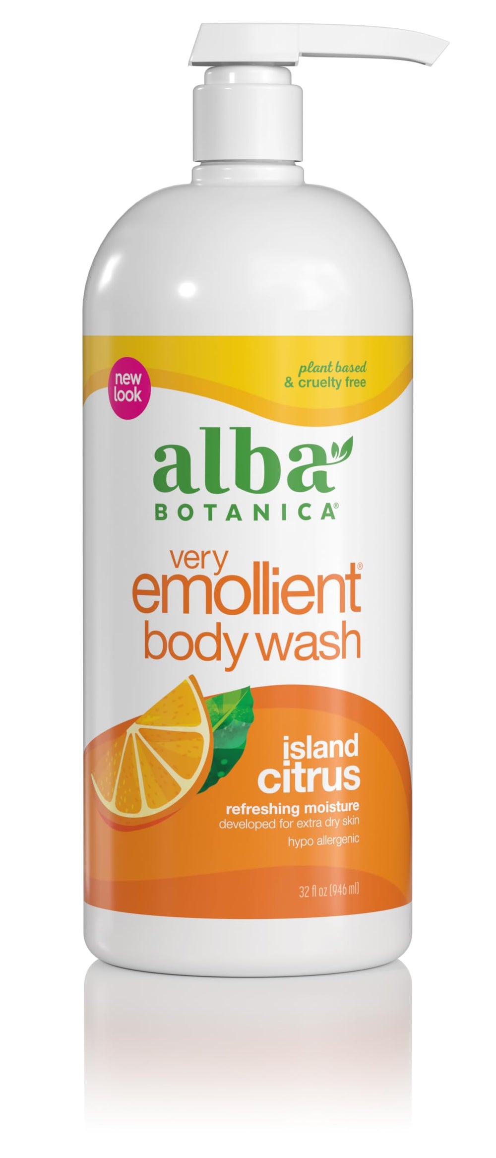 Alba Botanica Isla Cítrica, botella, hidrata suavemente la piel durante la ducha.