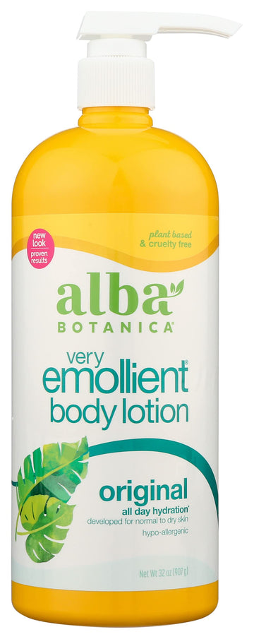 Alba Botanica loción corporal emoliente original, hidratación suave para piel seca tras la ducha.