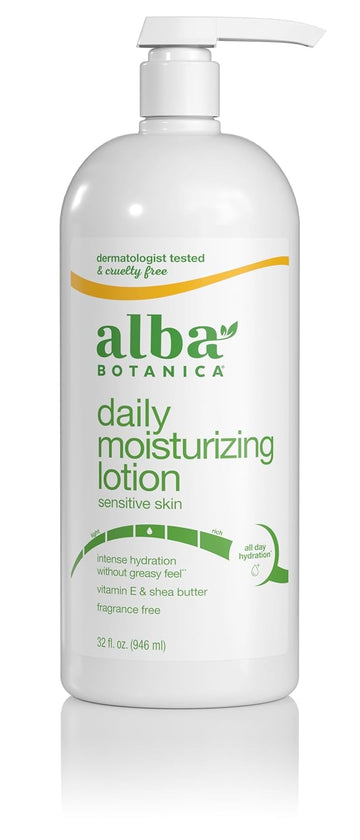 Loción Emoliente Alba Botanica fórmula hipoalergénica para uso diario sin irritación.
