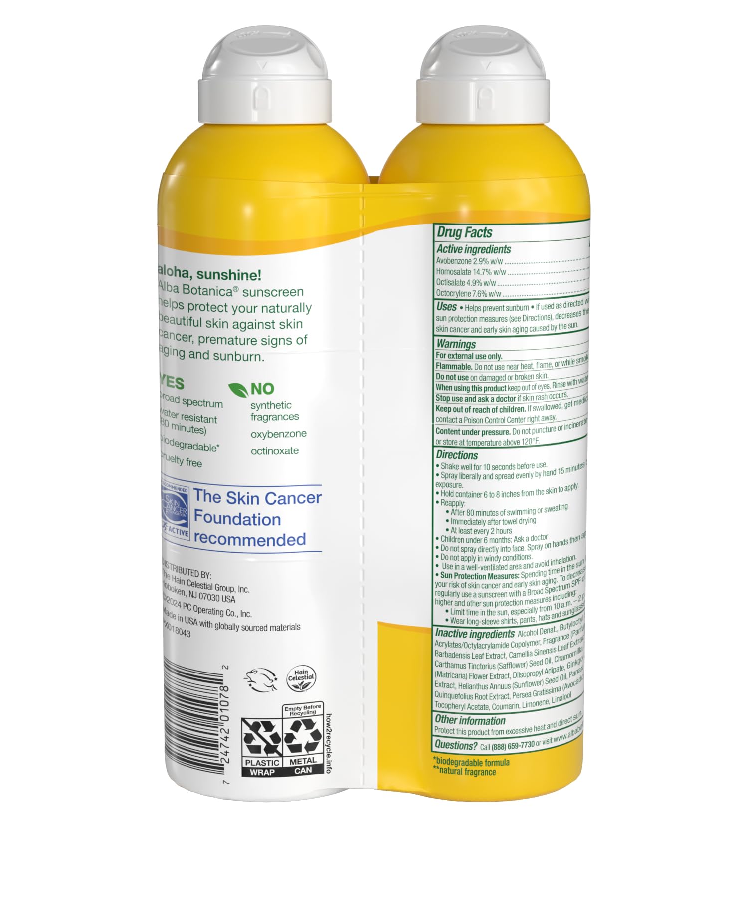 Alba Botanica protector solar hawaiano de coco SPF 50 en aerosol: aplicación rápida para días de playa.