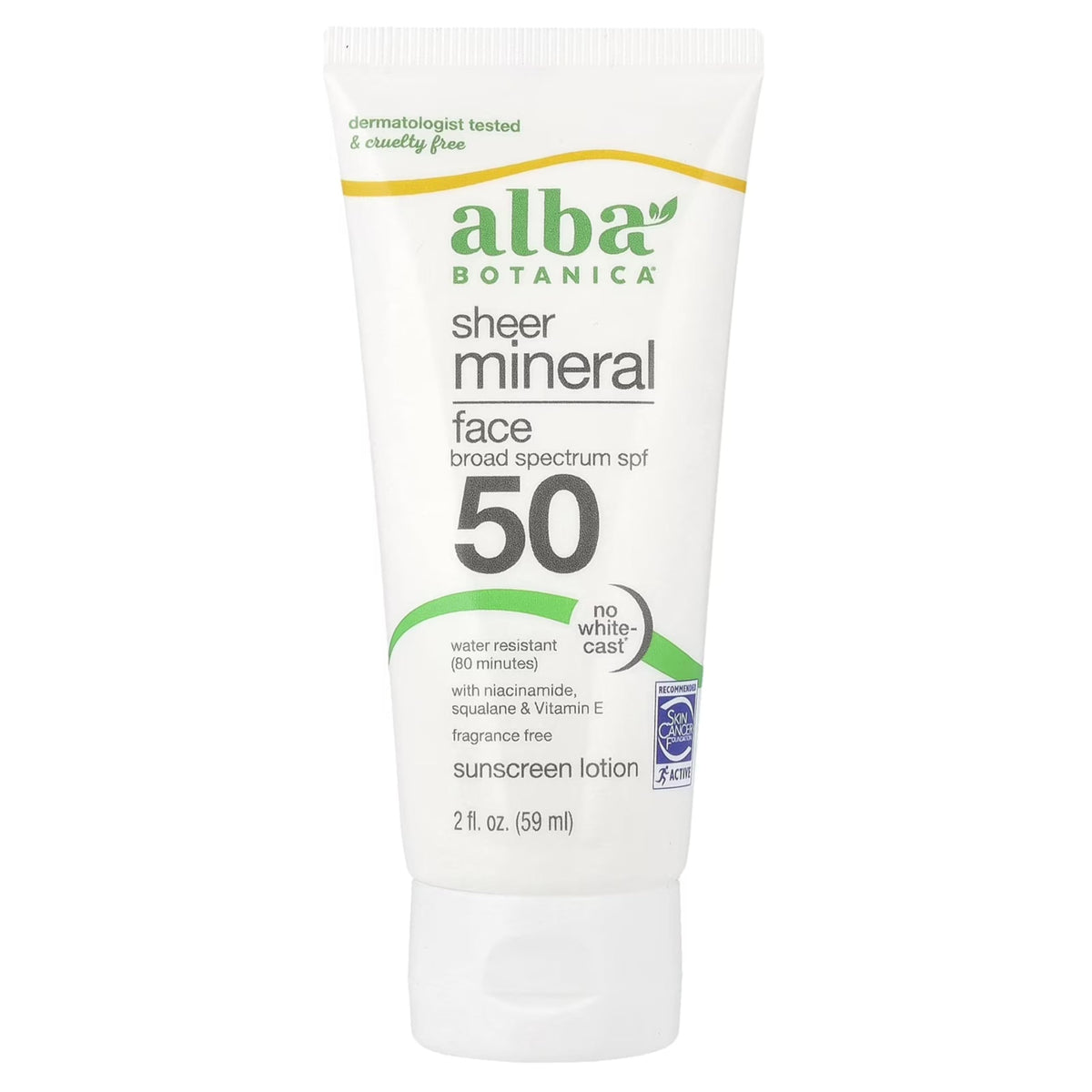 Protector solar mineral facial de Alba Botanica SPF 50, loción suave para uso diario.