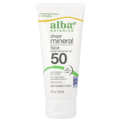 Protector solar mineral facial de Alba Botanica SPF 50, loción suave para uso diario.