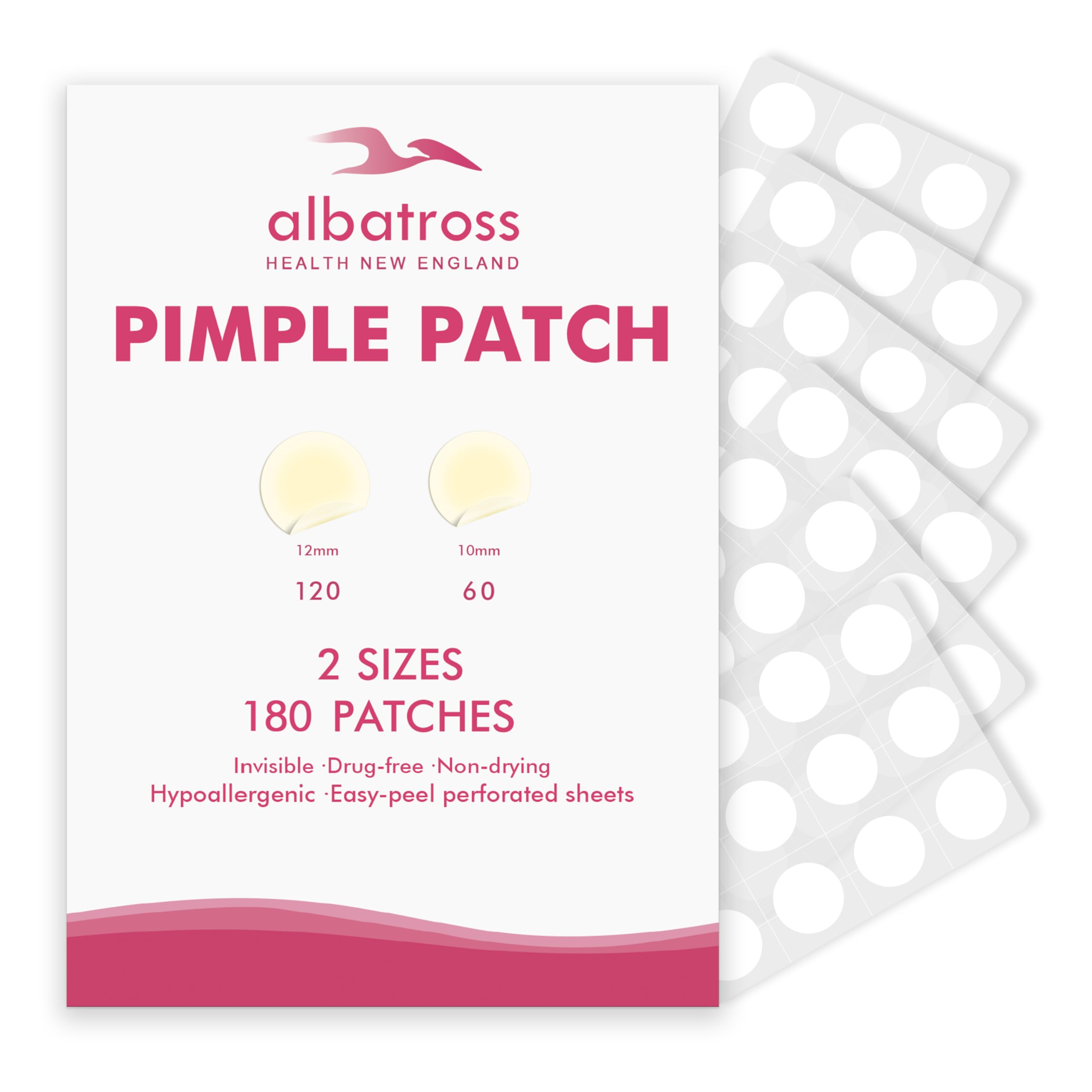Parche invisible de Albatross Health New England para acné, ideal para uso diario.