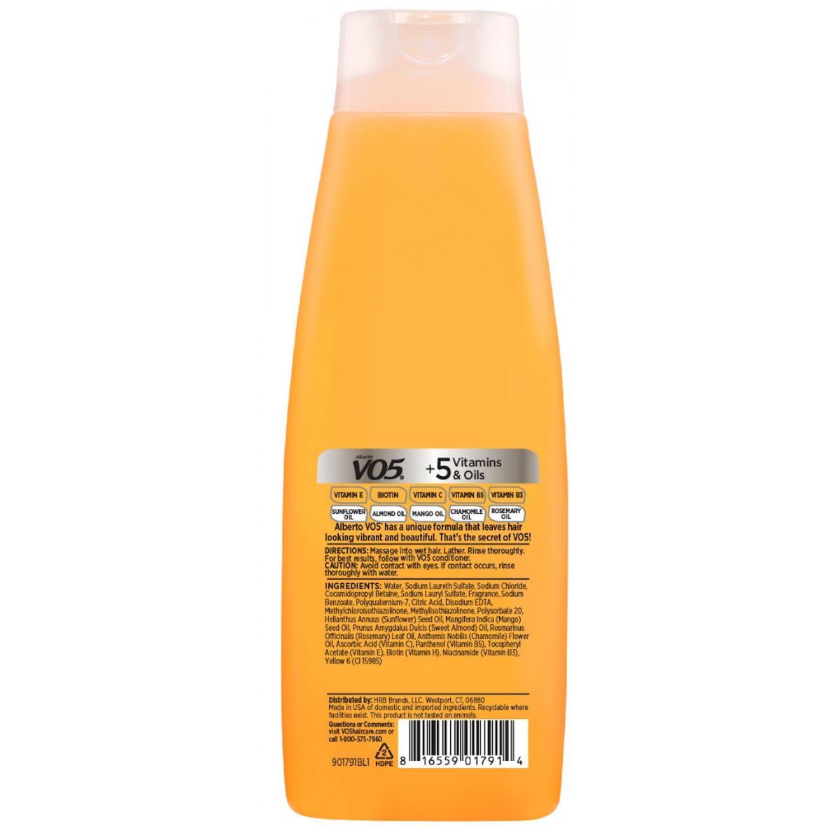 Etiqueta de Alberto VO5 Champú Revitalizante Diario con vitaminas para nutrición capilar.