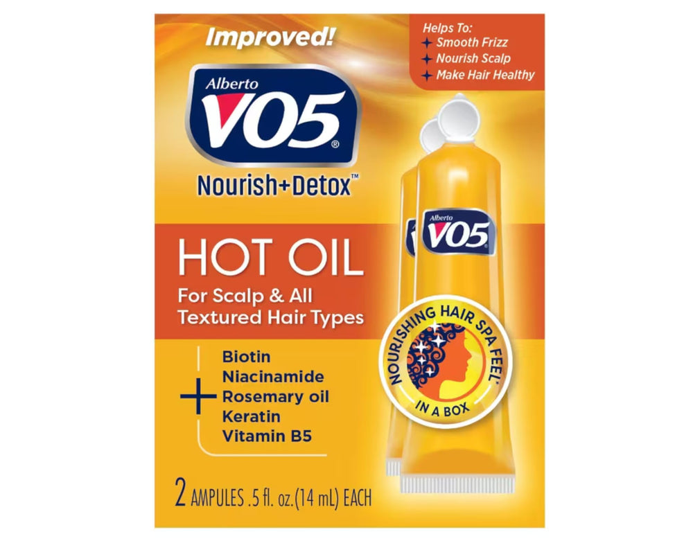 Bouteille Alberto VO5 Traitement huile chaude, revitalise les cheveux en profondeur.