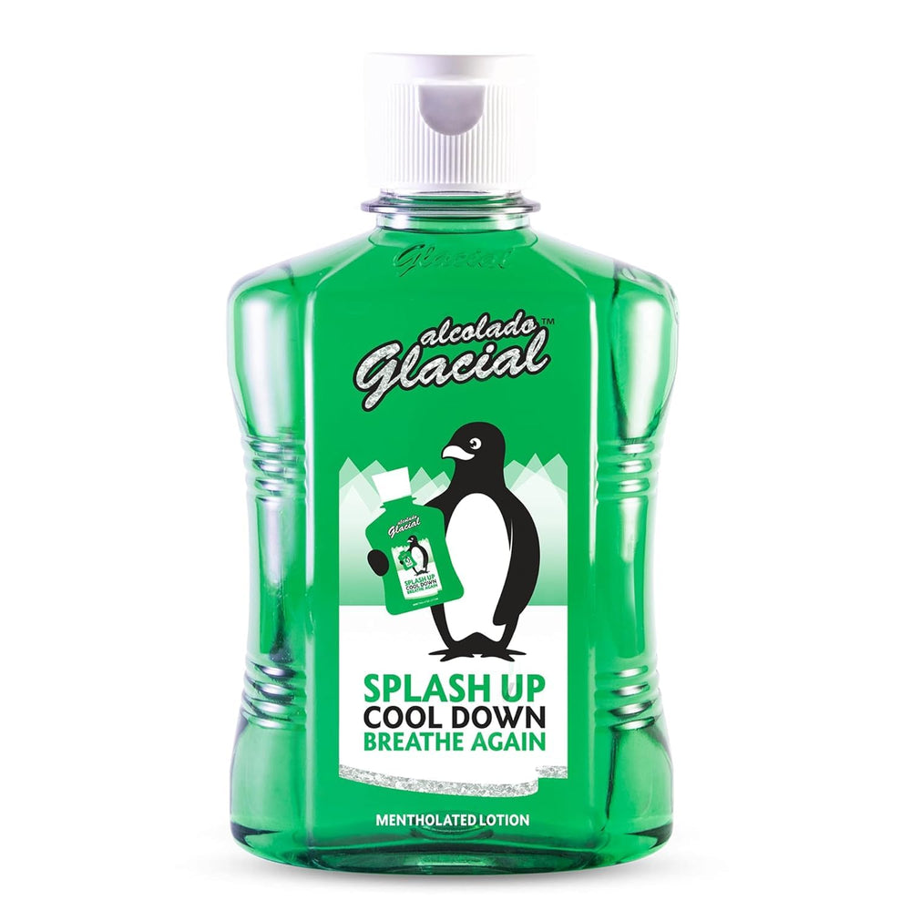 Alcolado Glacial loción mentolada, botella frontal, sensación refrescante al aplicar.