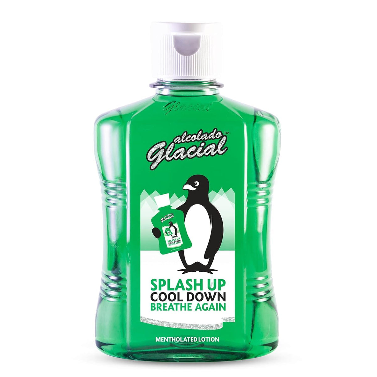 Alcolado Glacial loción mentolada, botella frontal, sensación refrescante al aplicar.