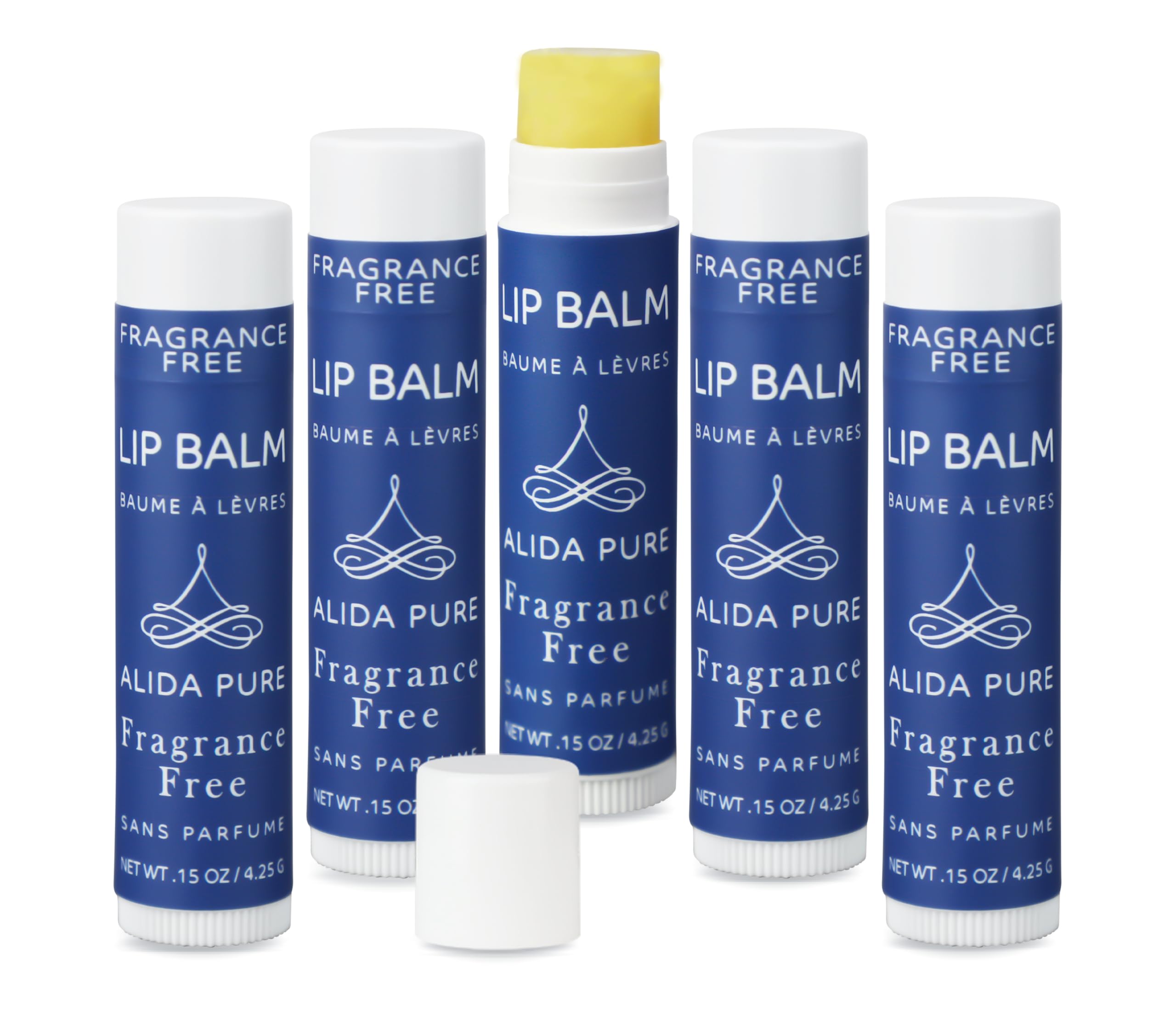 Bálsamo labial de ALIDA PURE sin fragancia con cinco tubos para cuidado diario.