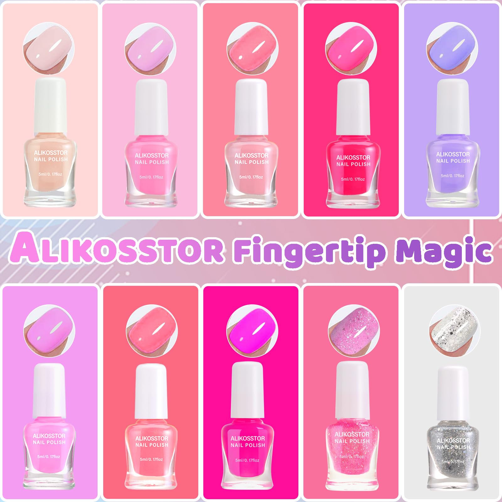ALIKOSSTOR esmalte para uñas de niños con brillos rosados, acabado llamativo