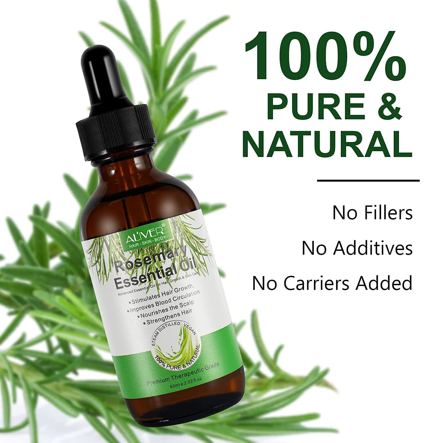ALIVER Aceite de romero natural, enfoque en cuero cabelludo y salud capilar.