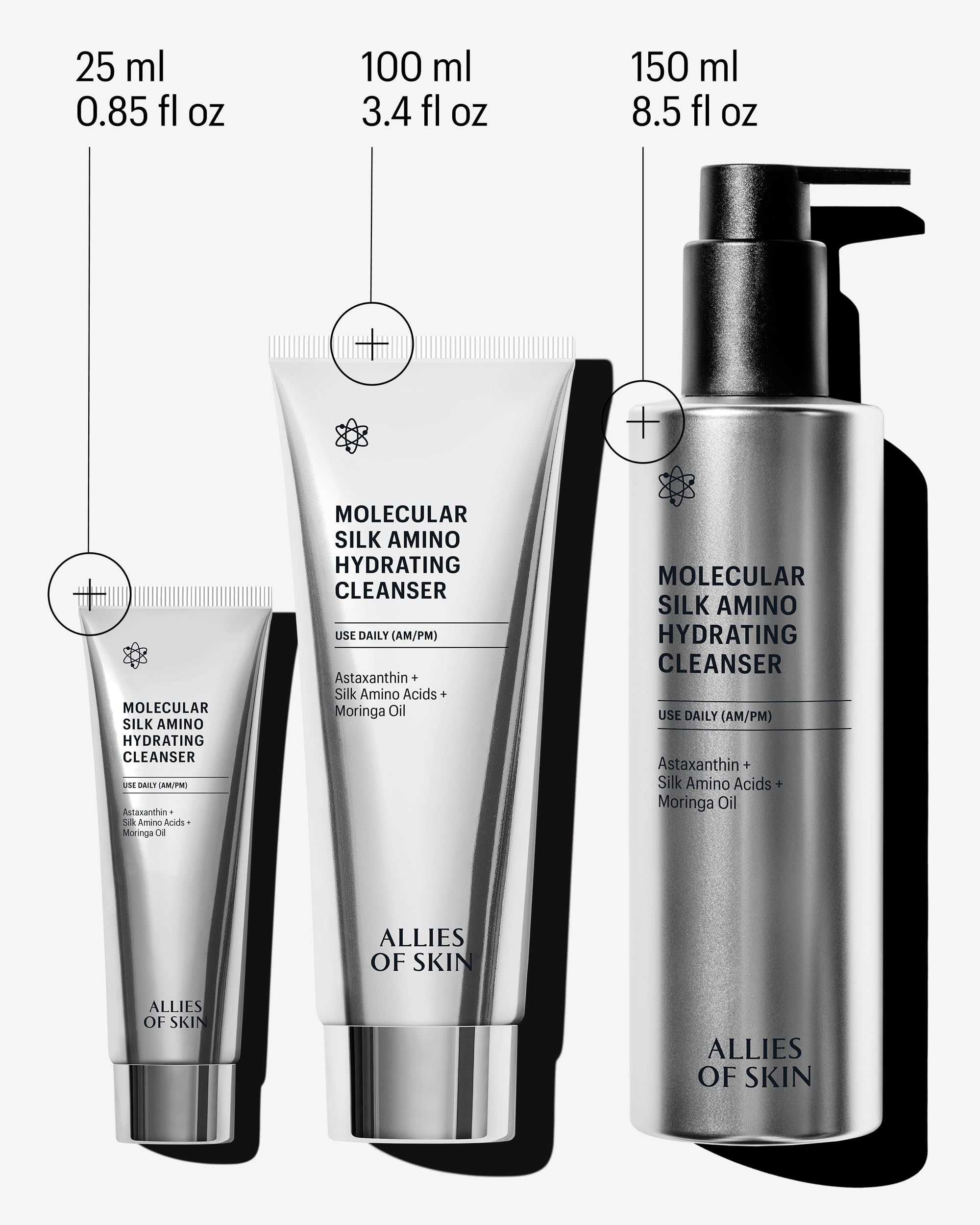 Allies of Skin Molecular Silk Amino Hydrating Cleanser, beneficios para piel hidratada y luminosa.