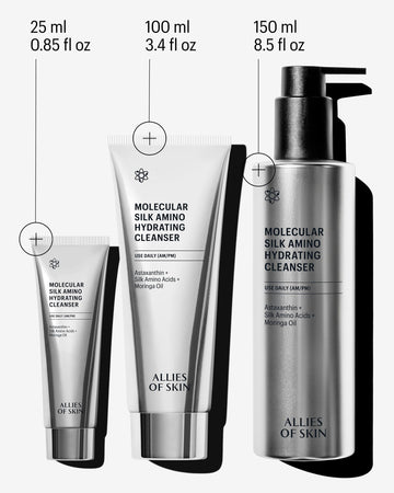 Allies of Skin Molecular Silk Amino Hydrating Cleanser, beneficios para piel hidratada y luminosa.