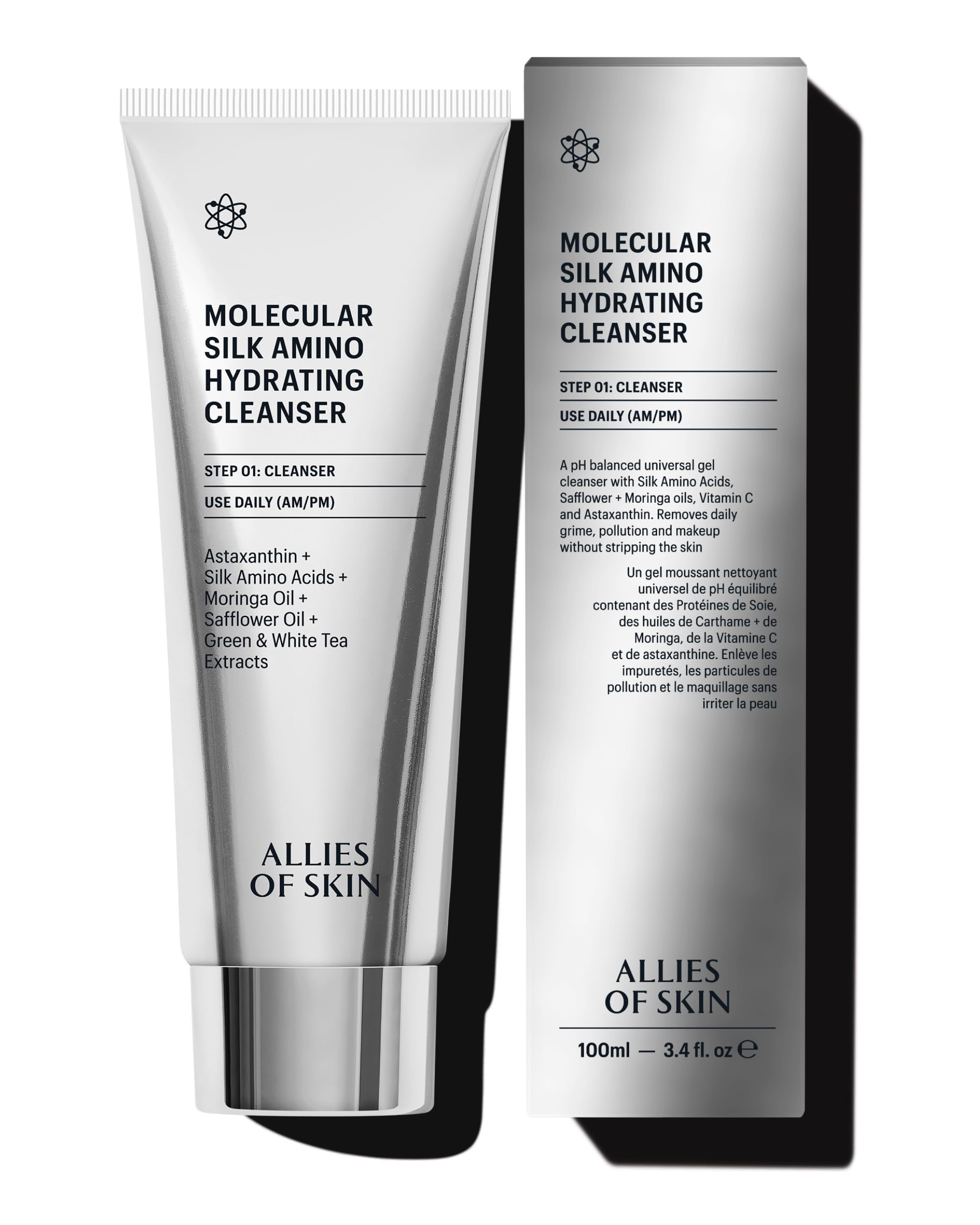 Allies of Skin Molecular Silk Amino Hydrating Cleanser en botella derramando, limpieza suave e hidratante.