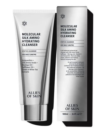 Allies of Skin Molecular Silk Amino Hydrating Cleanser en botella derramando, limpieza suave e hidratante.