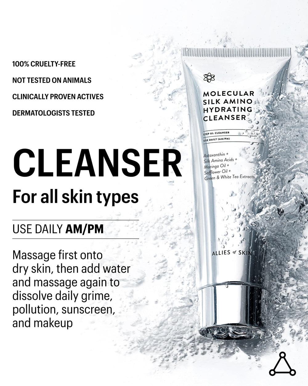Allies of Skin Molecular Silk Amino Hydrating Cleanser, espuma suave durante la limpieza.