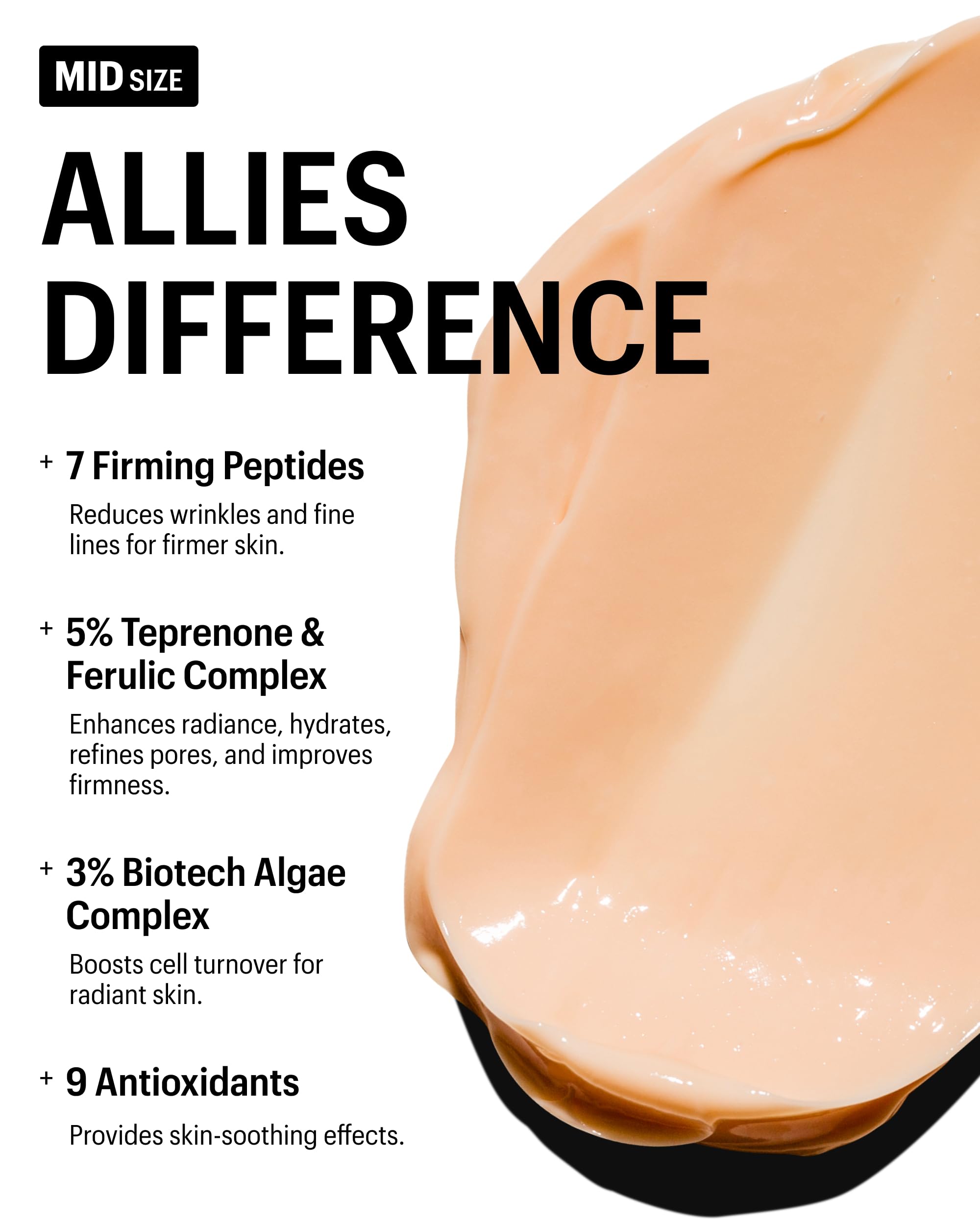 Closeup of key ingredients teprenone, ferulic, and algae in Allies of Skin formula