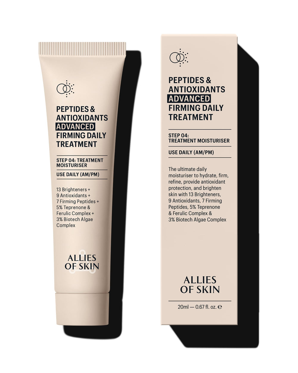 Allies of Skin Peptides & Antioxidants Advanced Firming Daily Treatment jar, hydrating cream texture
