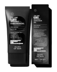 Allies of Skin protector facial SPF50, gel transparente ligero y perfecto como base de maquillaje.