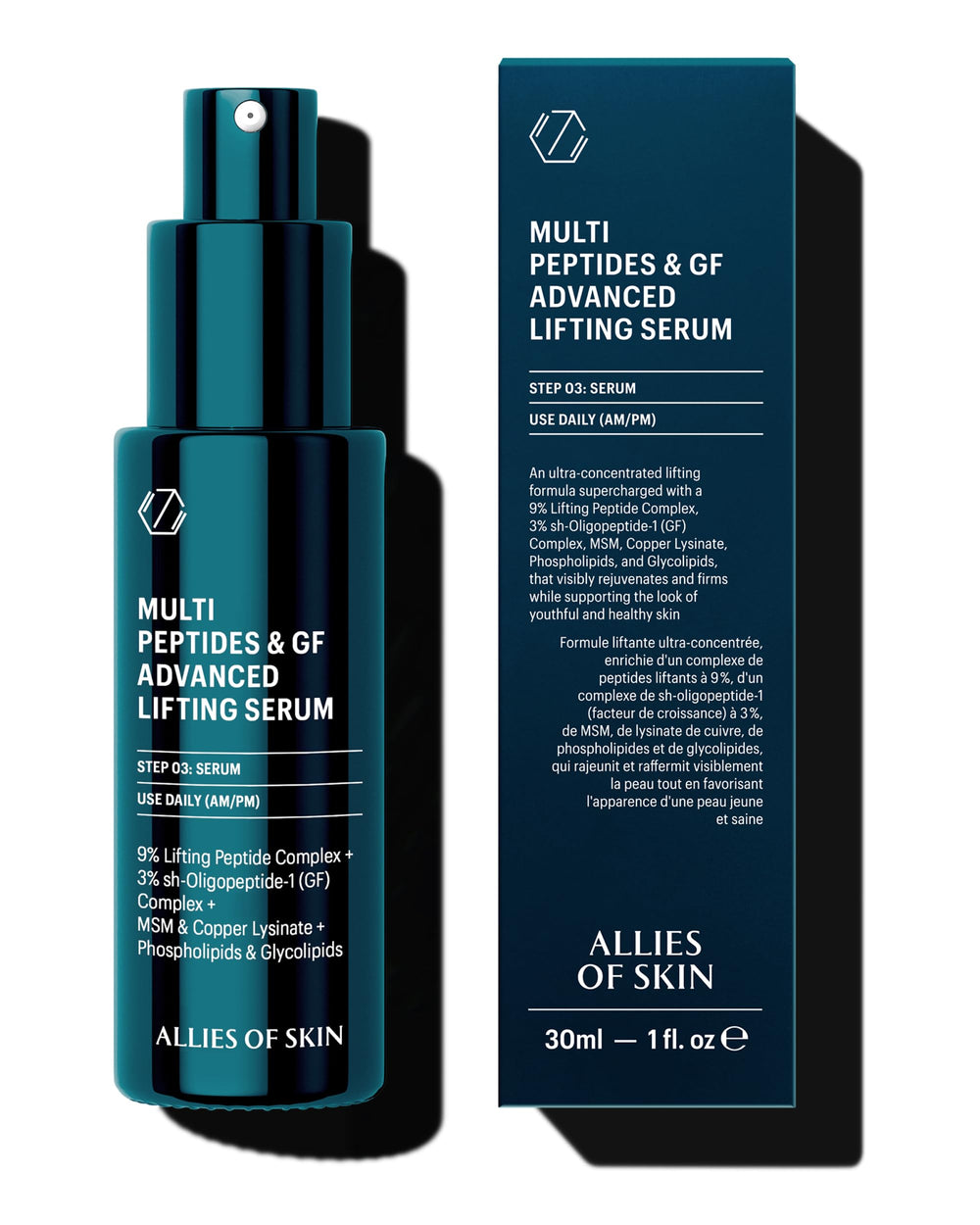 Allies of Skin Sérum Multi Peptides Growth Factor — bouteille pompe prête pour un soin raffermissant.