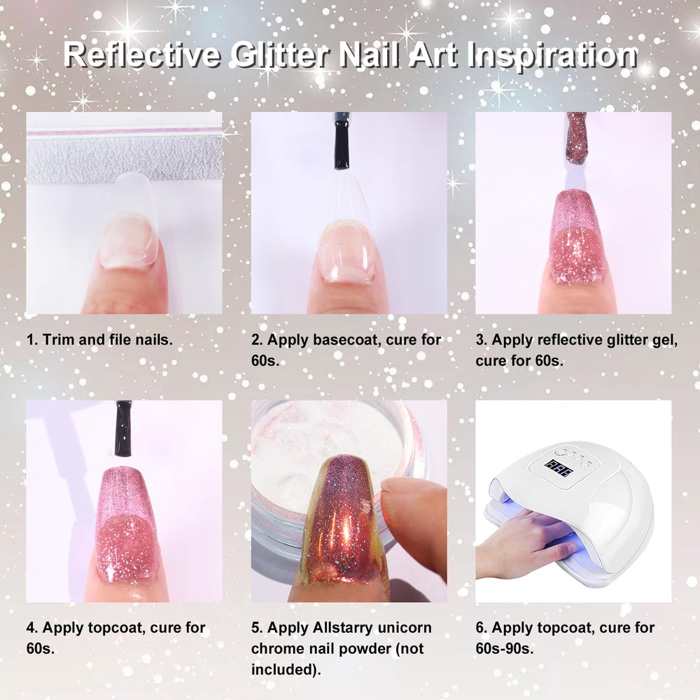 Acabado espejado de Allstarry para realzar la manicura en cualquier ocasión.