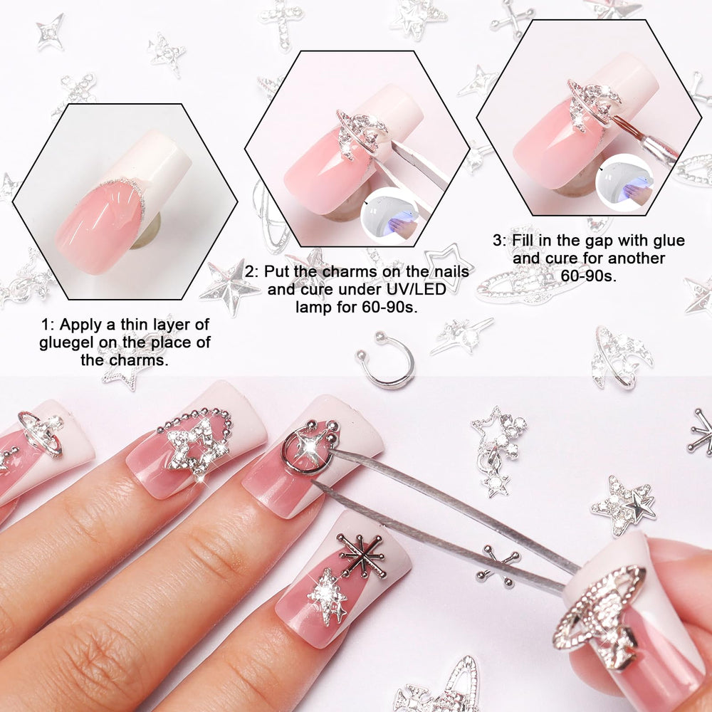 Allstarry combinación de adornos plateados para uñas, crea un diseño único.