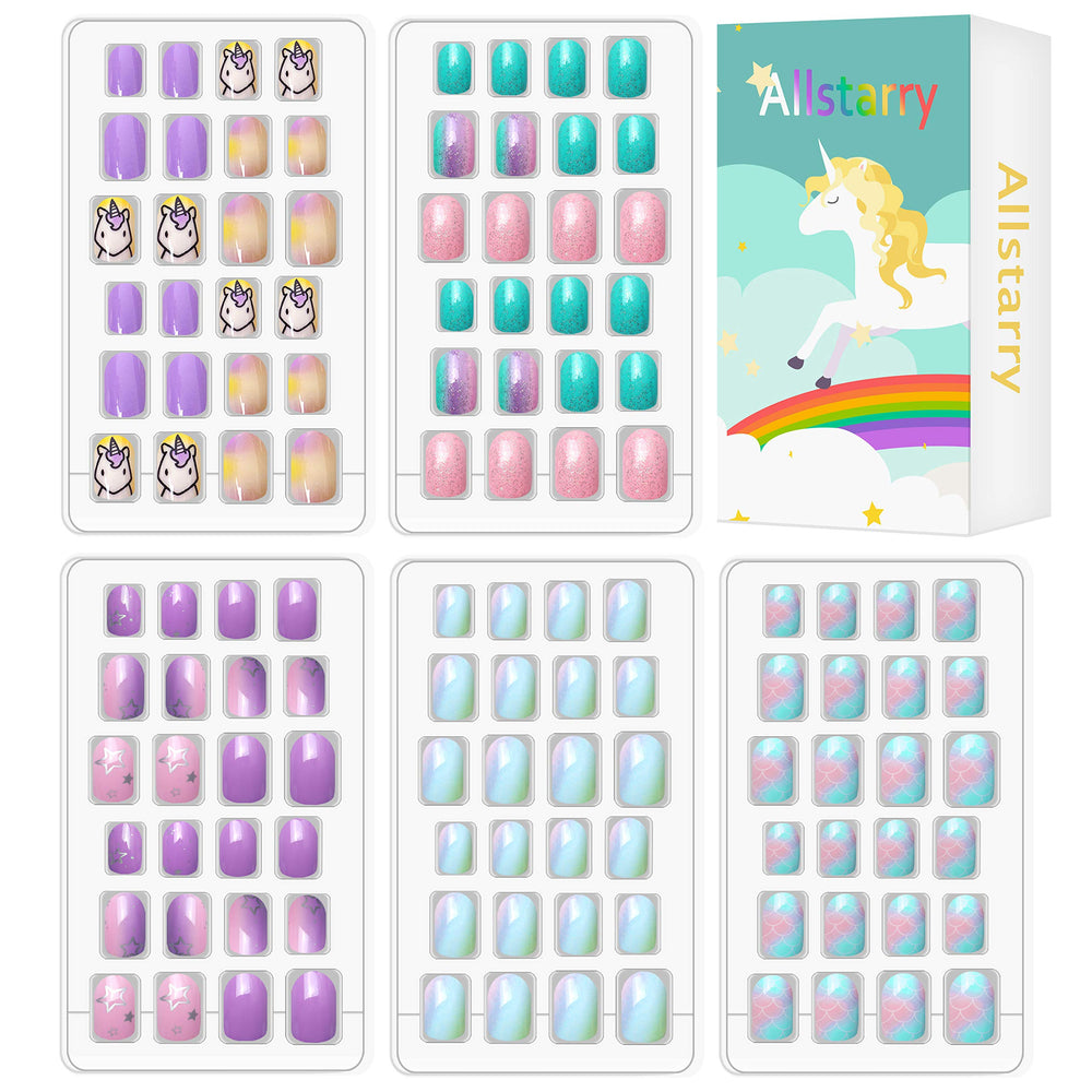 Allstarry uñas infantiles con unicornio púrpura, ideal para fiestas y juego seguro