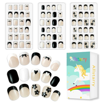 Allstarry uñas press-on para niñas con punta francesa prepegadas, fácil de aplicar.