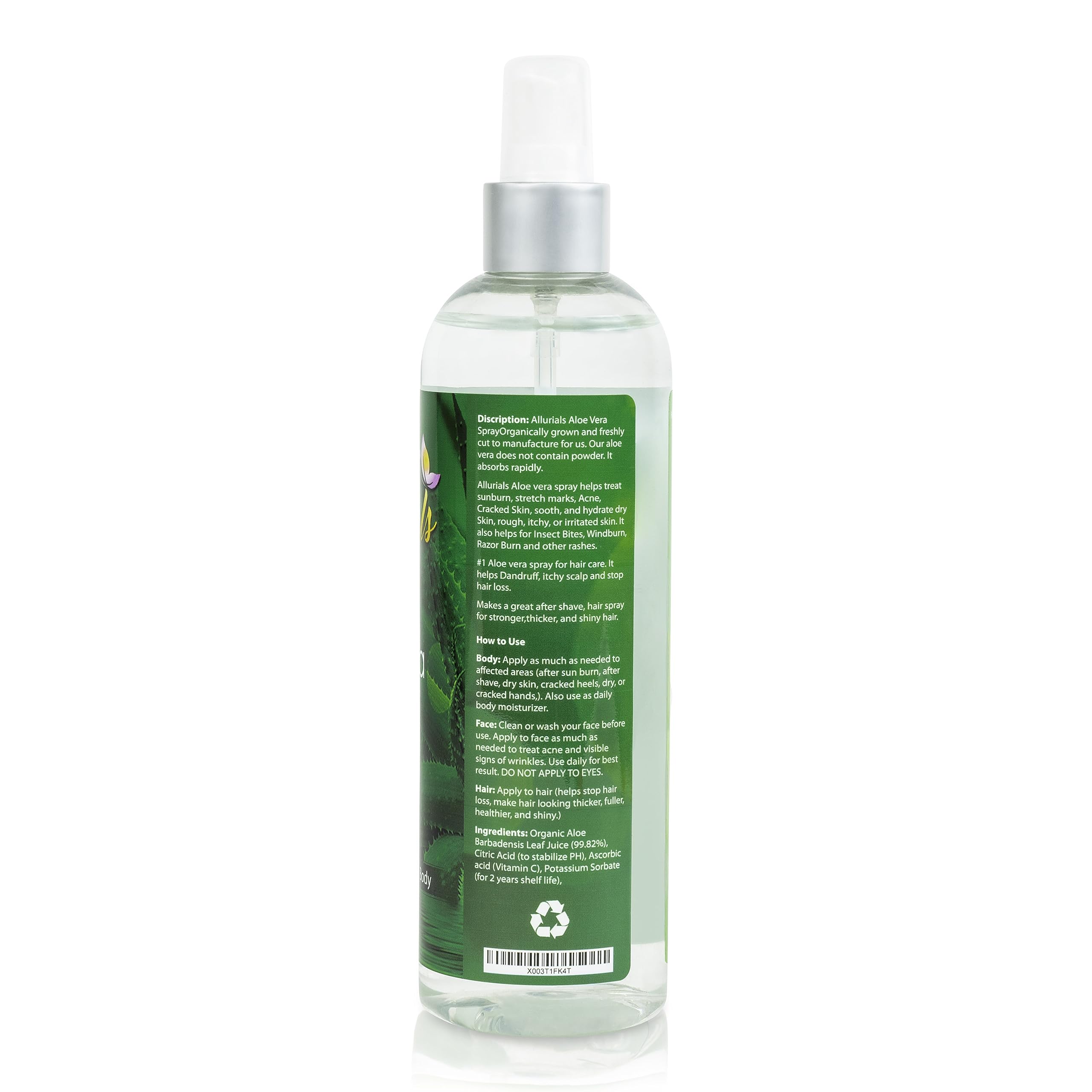 Allurials Aloe Vera Spray: envase sostenible, cuidado responsable.