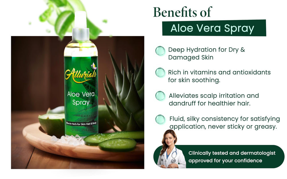 Allurials Aloe Vera Spray: hoja de aloe vera, ingrediente orgánico puro.