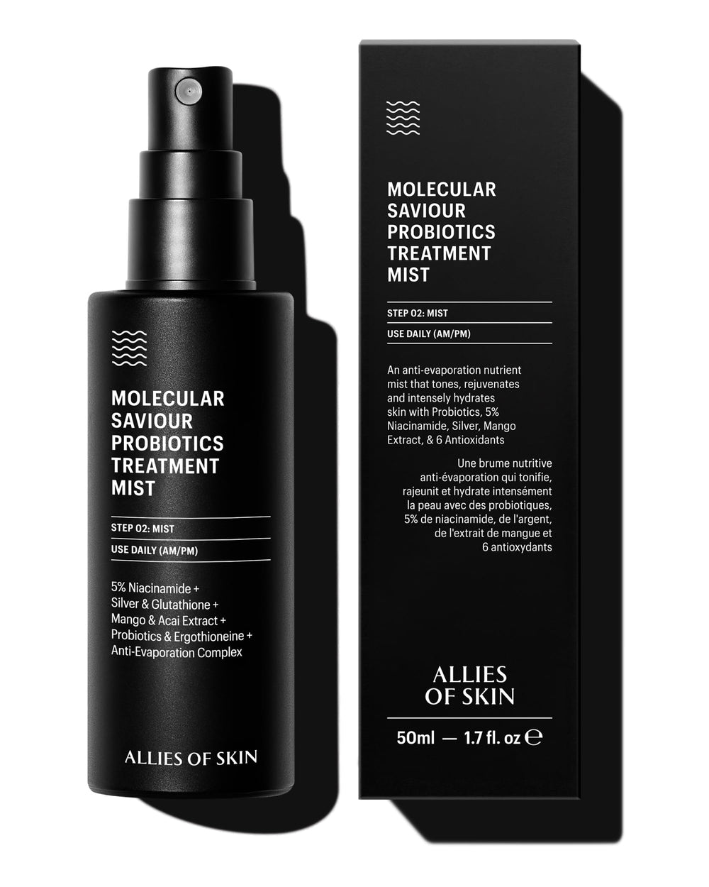 Allies of Skin Probiotic Face Mist, detalle de la botella para hidratación suave.
