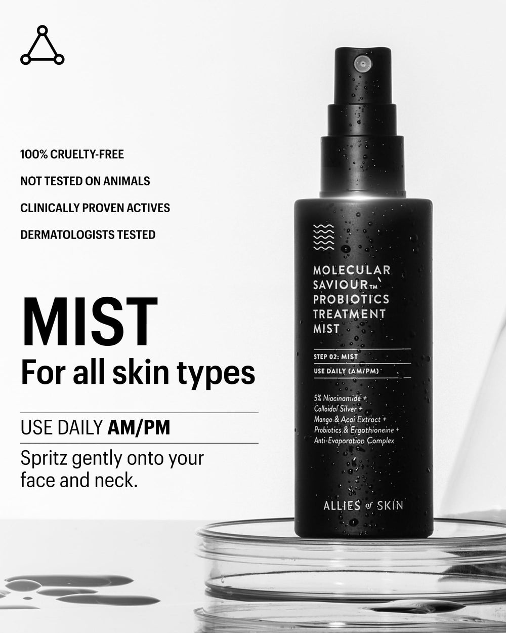 Allies of Skin Probiotic Face Mist, niacinamida 5% mejora tono y textura.