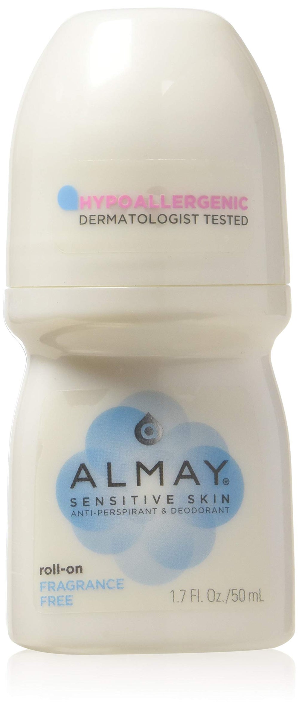 Almay antitranspirante roll-on sin fragancia para piel sensible, protección diaria.
