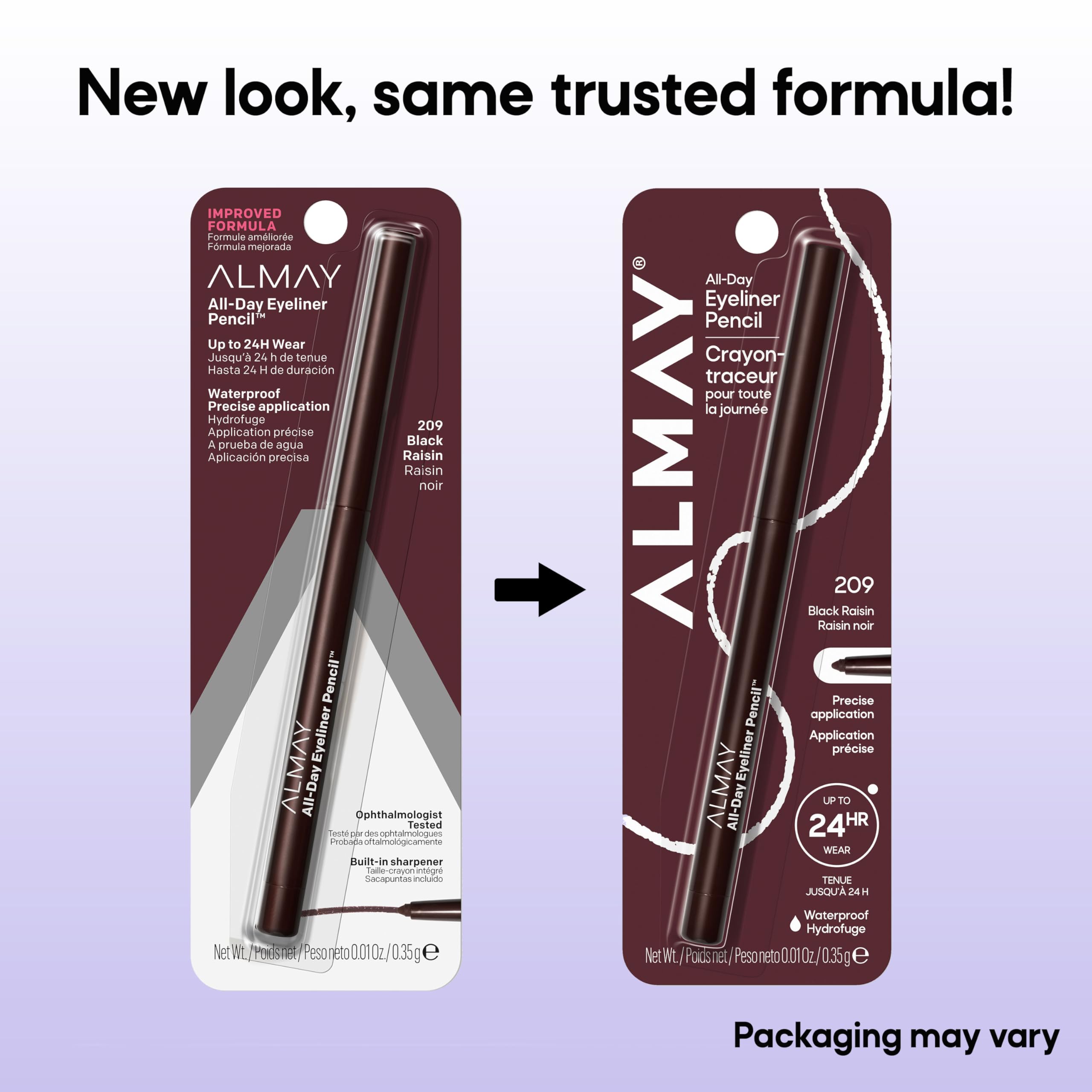 Almay delineador resistente al agua 209-black-raisin, ideal para jornadas largas sin retoques.
