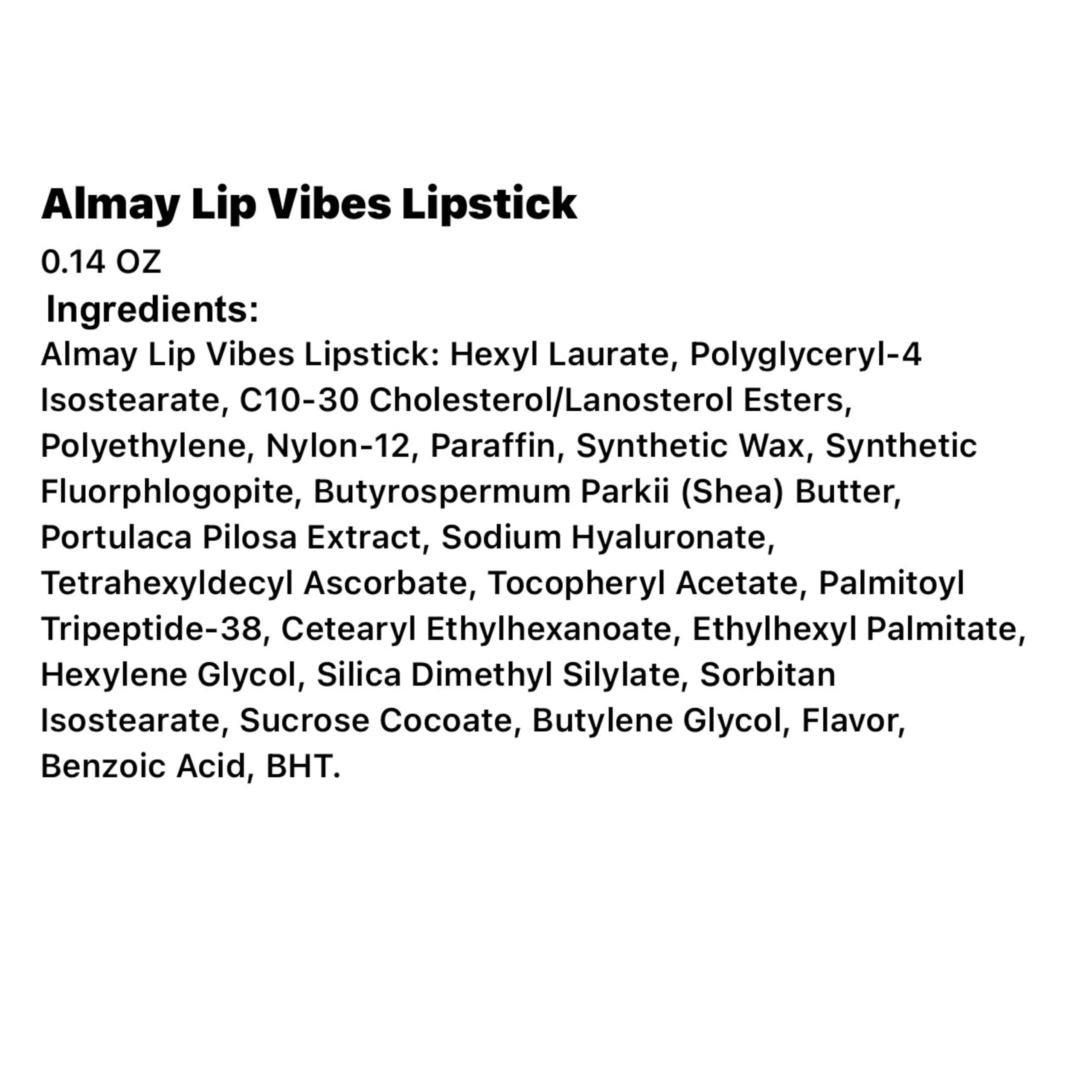 Almay Lip Vibes barra labial, fórmula con vitamina E y manteca de karité para cuidado.