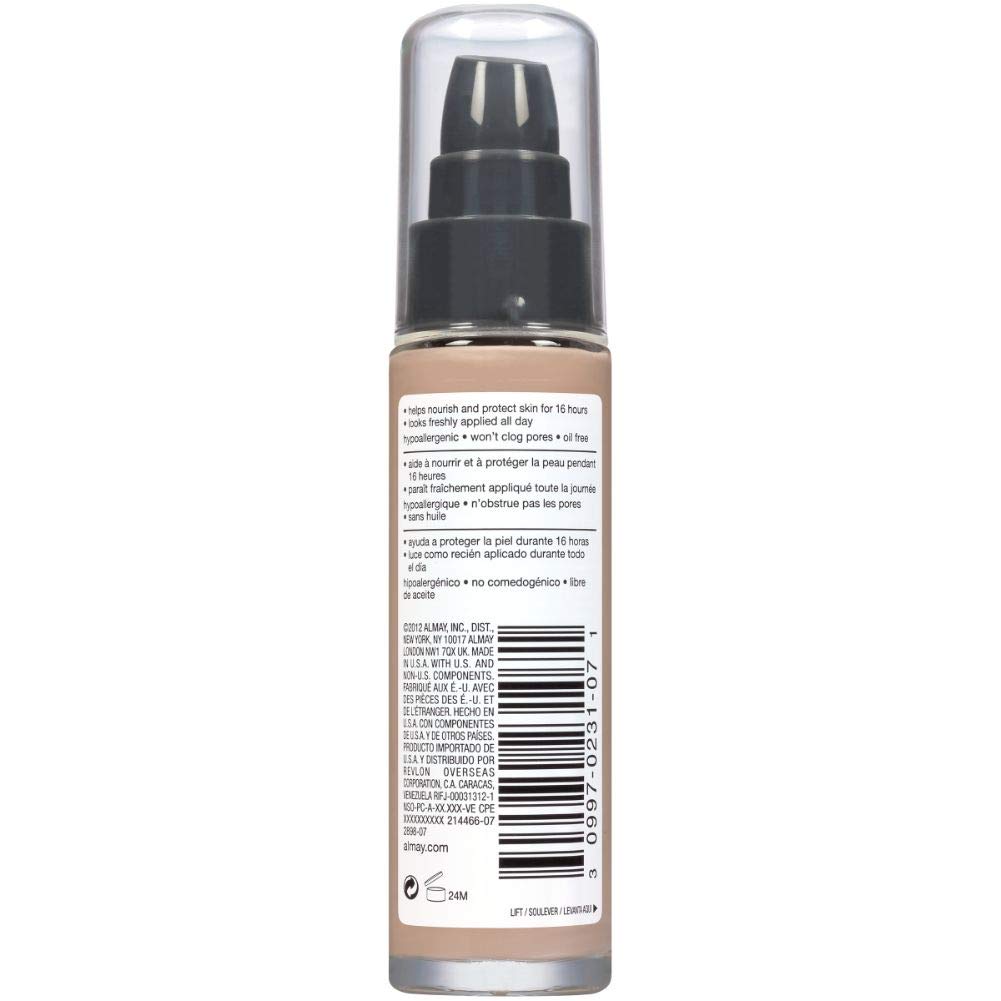 Cruelty-free Almay foundation display emphasizing clean, animal-friendly formula.