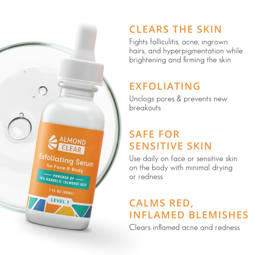 Sérum Almond Clear – texture crèmeuse idéale pour exfolier en douceur.
