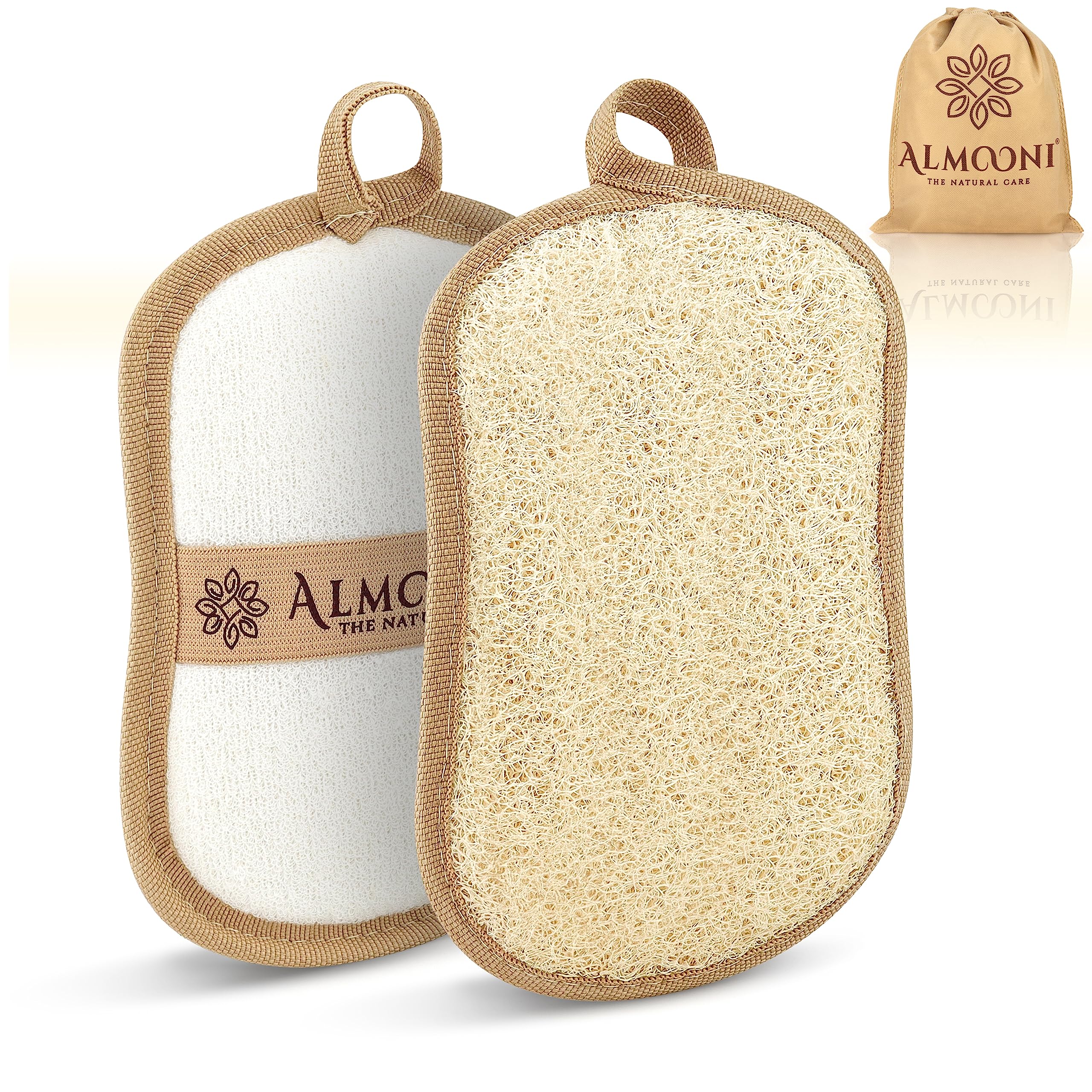 ALMOONI bow-tie loofah pad close-up shows textured surface for gentle exfoliation and skin prep