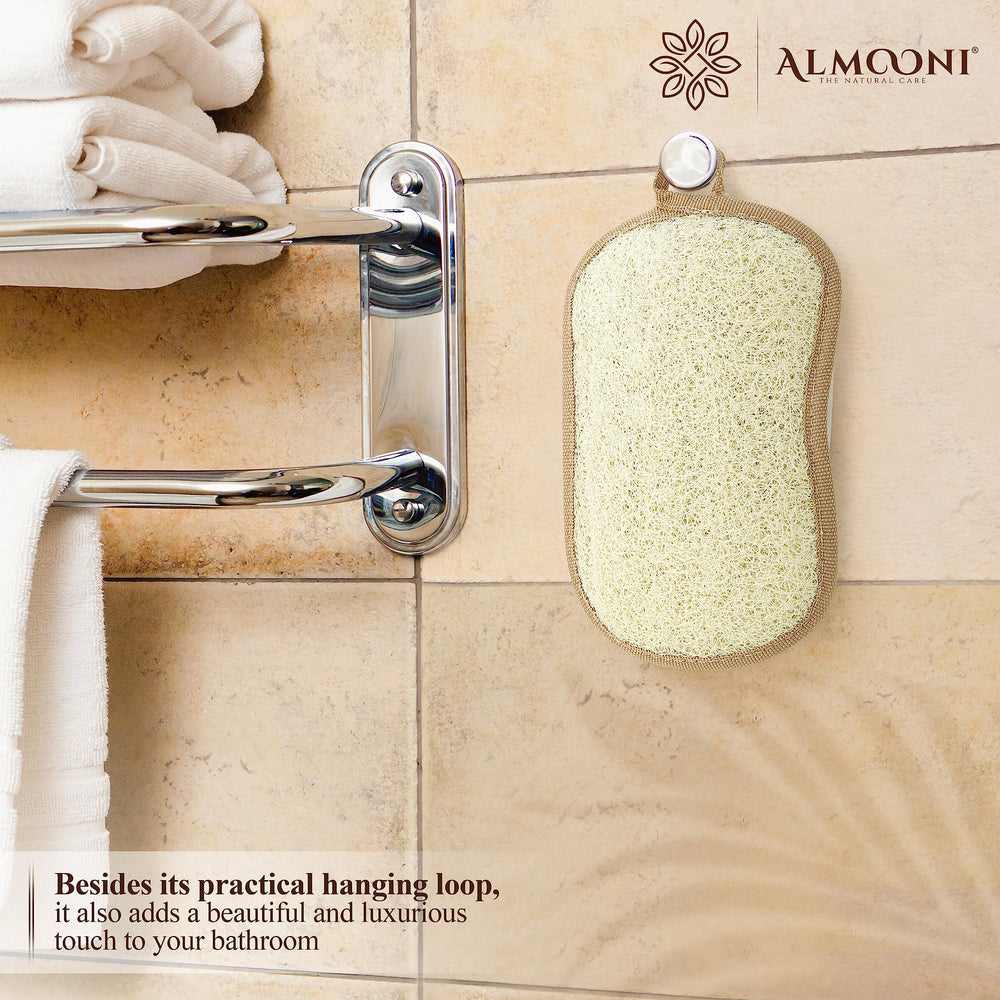 ALMOONI bow-tie loofah pad packaging highlights eco-friendly packaging