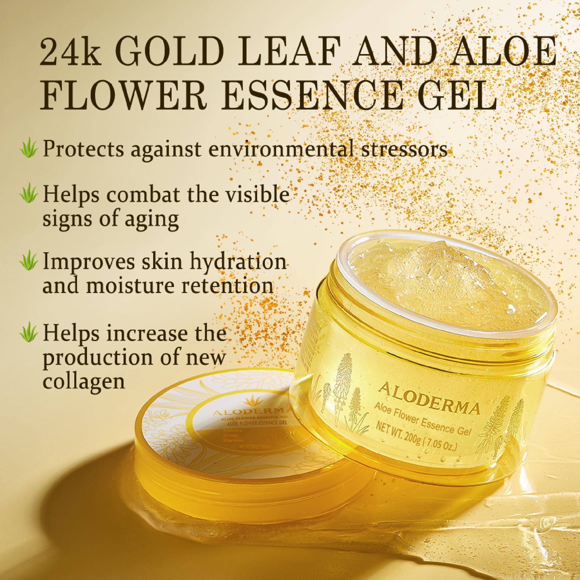 Aloderma aplicador gel aloe 24k oro facilita aplicación suave y uniforme.