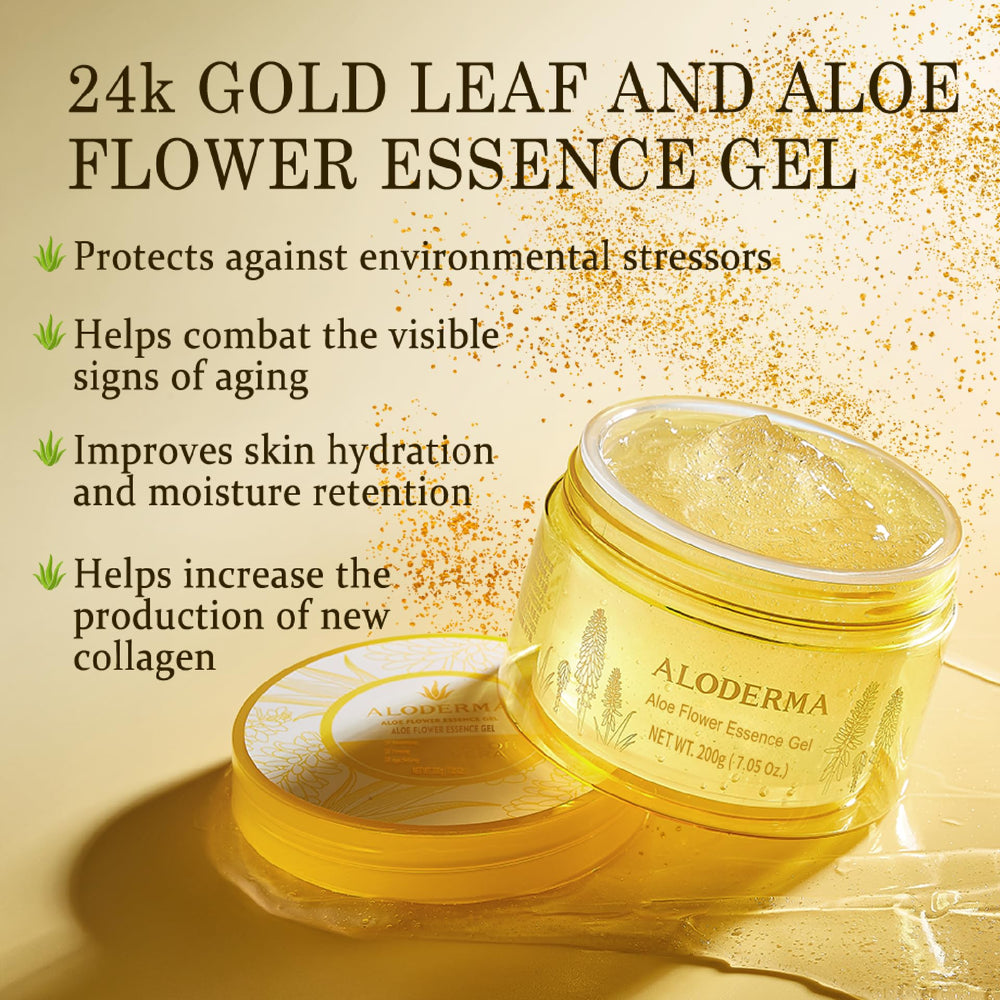 Aloderma aplicador gel aloe 24k oro facilita aplicación suave y uniforme.