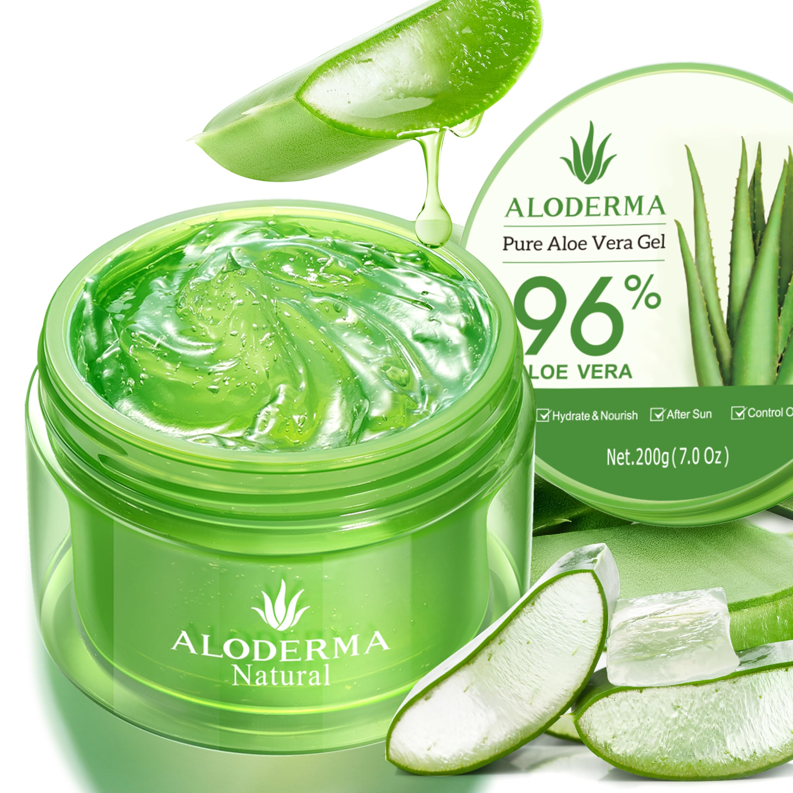 Aloderma Gel Aloe Vera 100% puro en bote, hidrata piel y cabello.