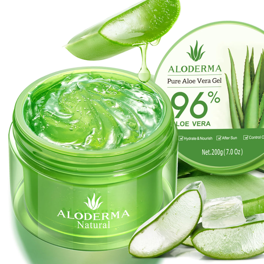 Aloderma Gel Aloe Vera 100% puro en bote, hidrata piel y cabello.