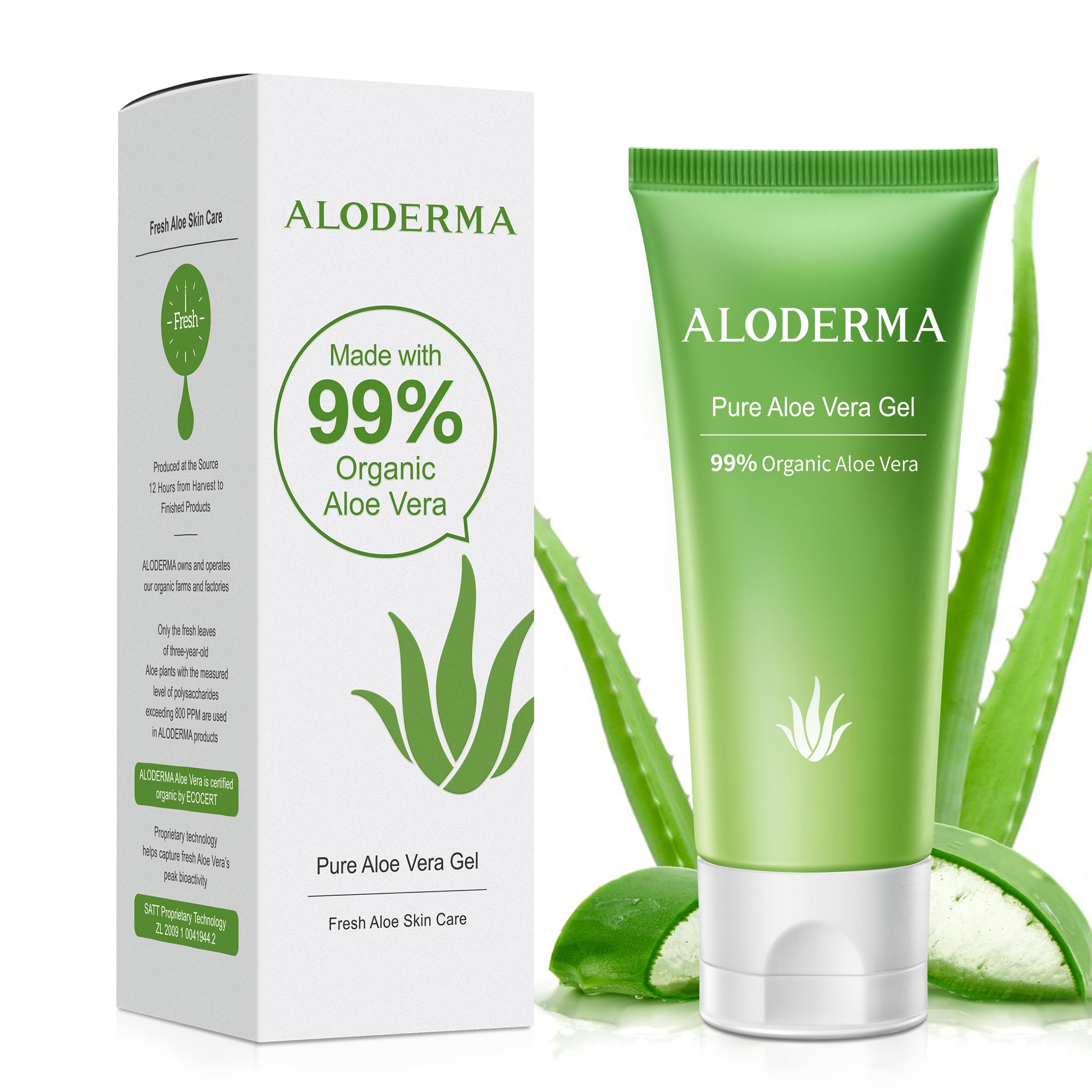Aloderma gel aloe vera 99, gel refrescante para piel suave e hidratada.