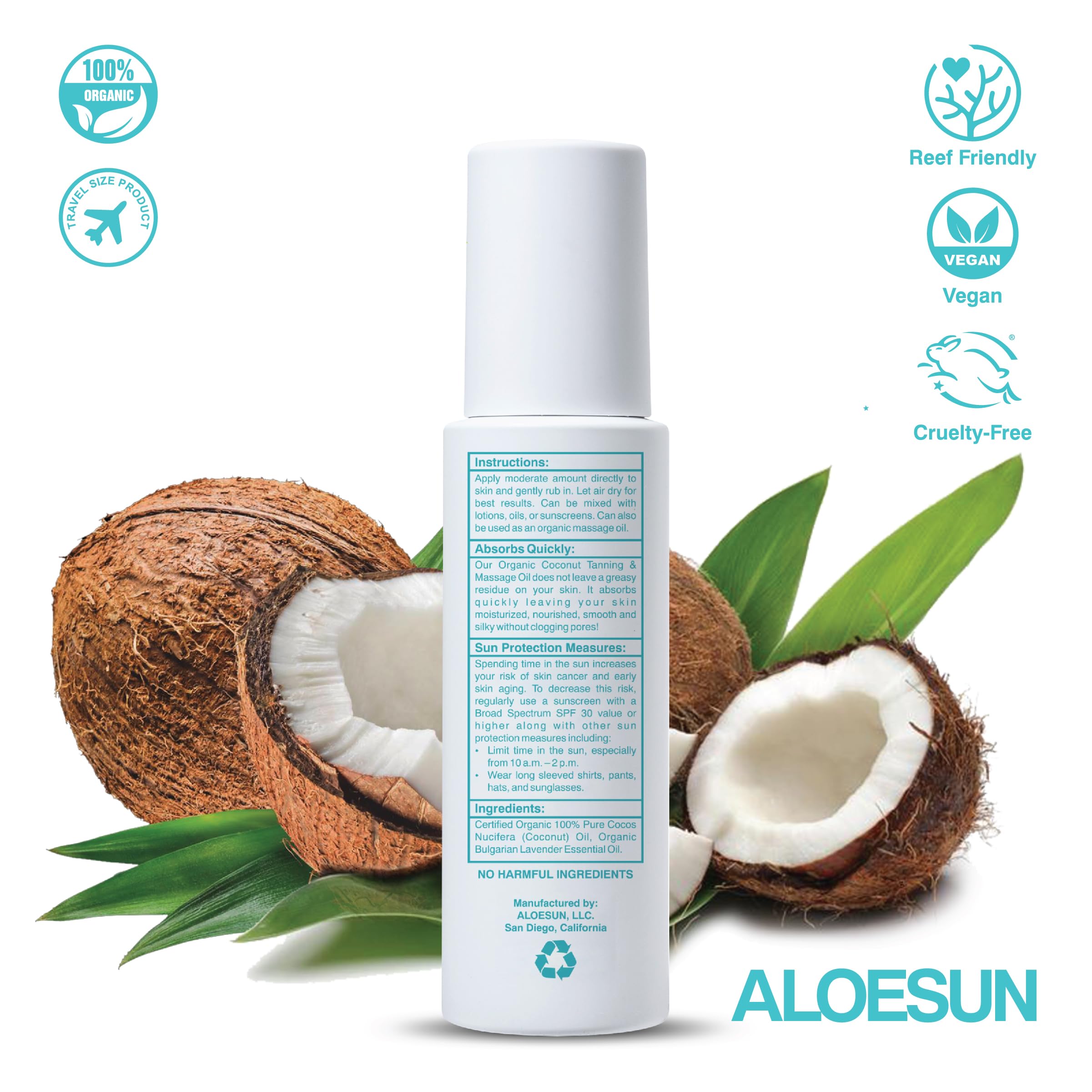ALOESUN Aceite bronceador coco: hidratación prolongada y tono dorado.