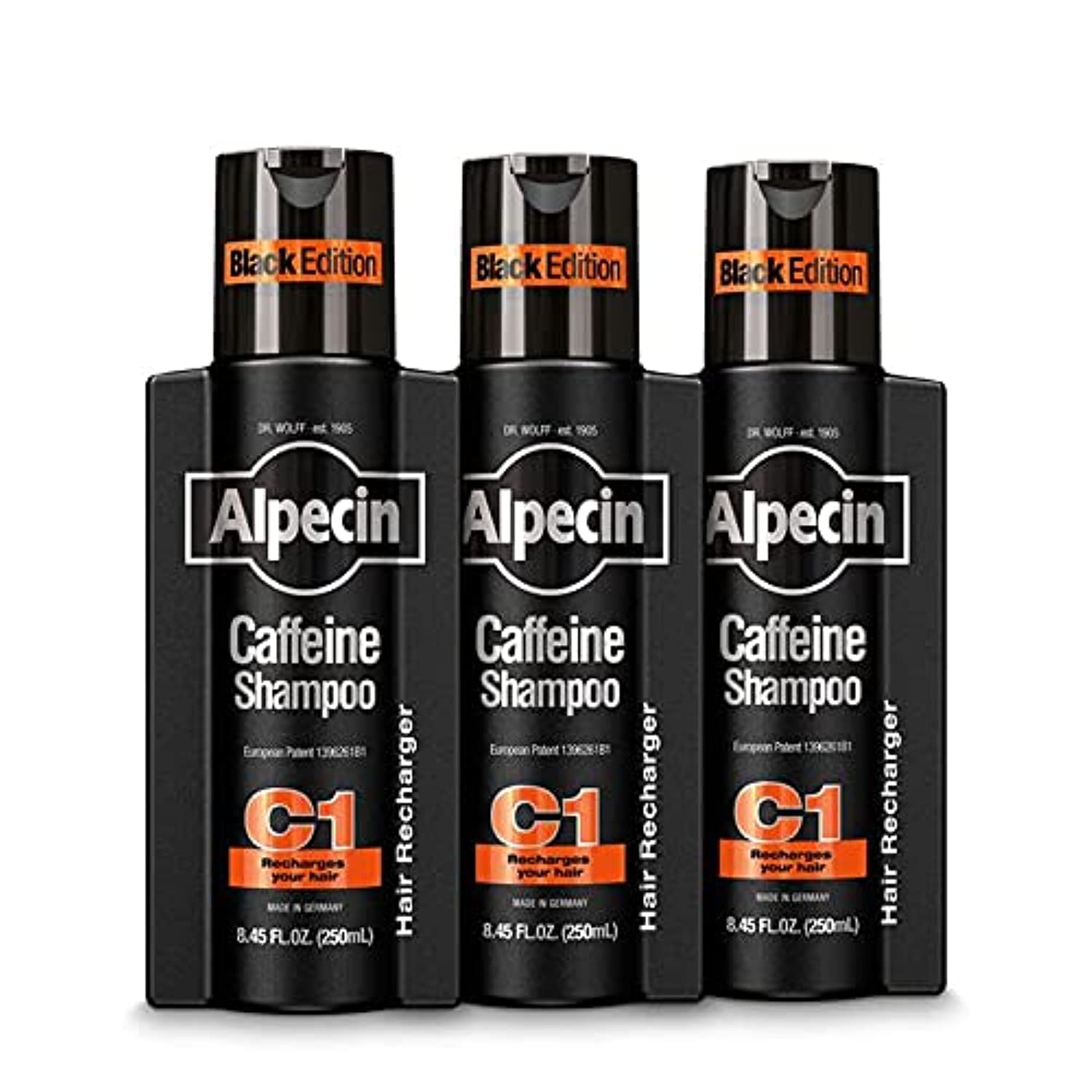 Alpecin C1 Édition Noire: flacon en vedette, pousse naturelle stimulée.