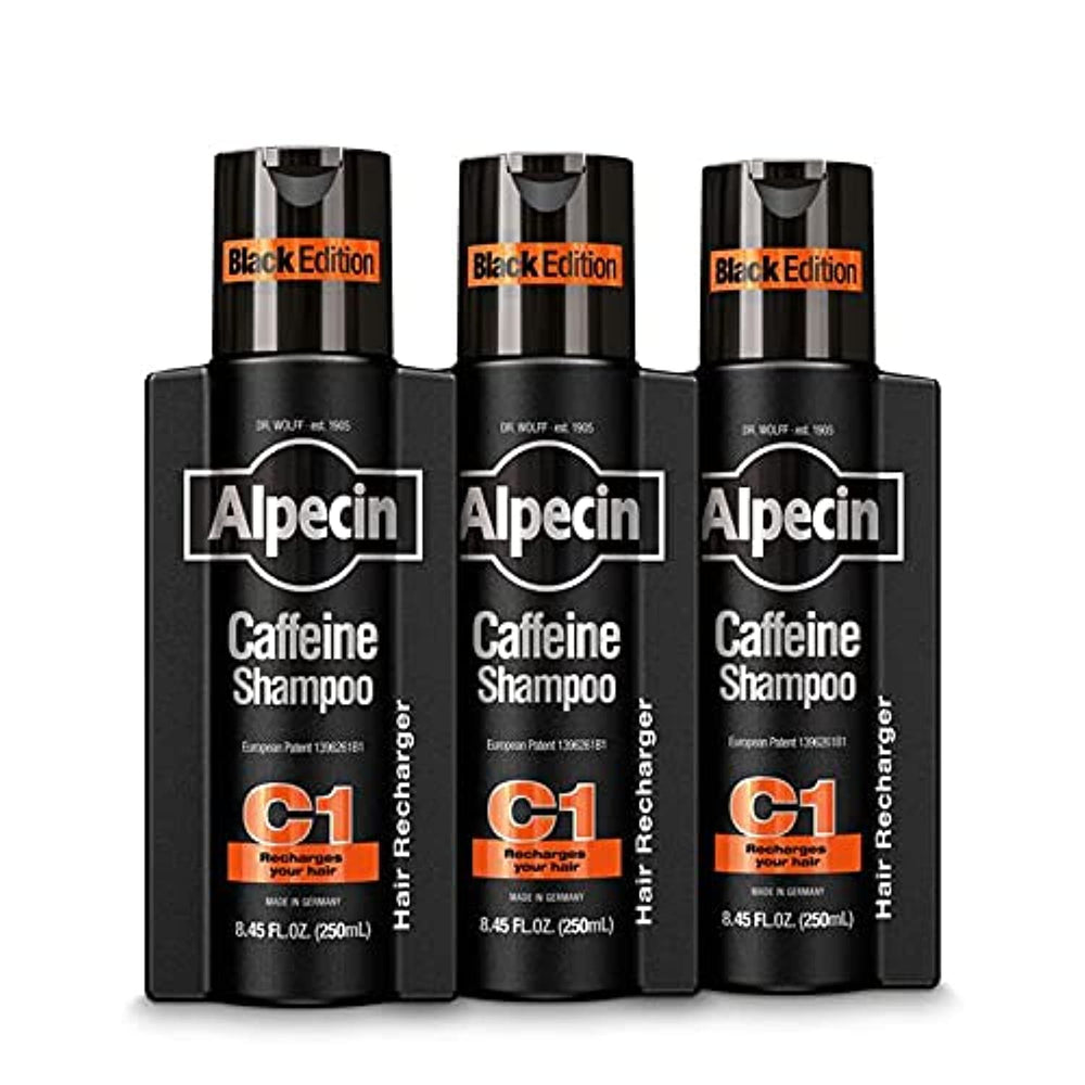 Alpecin C1 Édition Noire: flacon en vedette, pousse naturelle stimulée.
