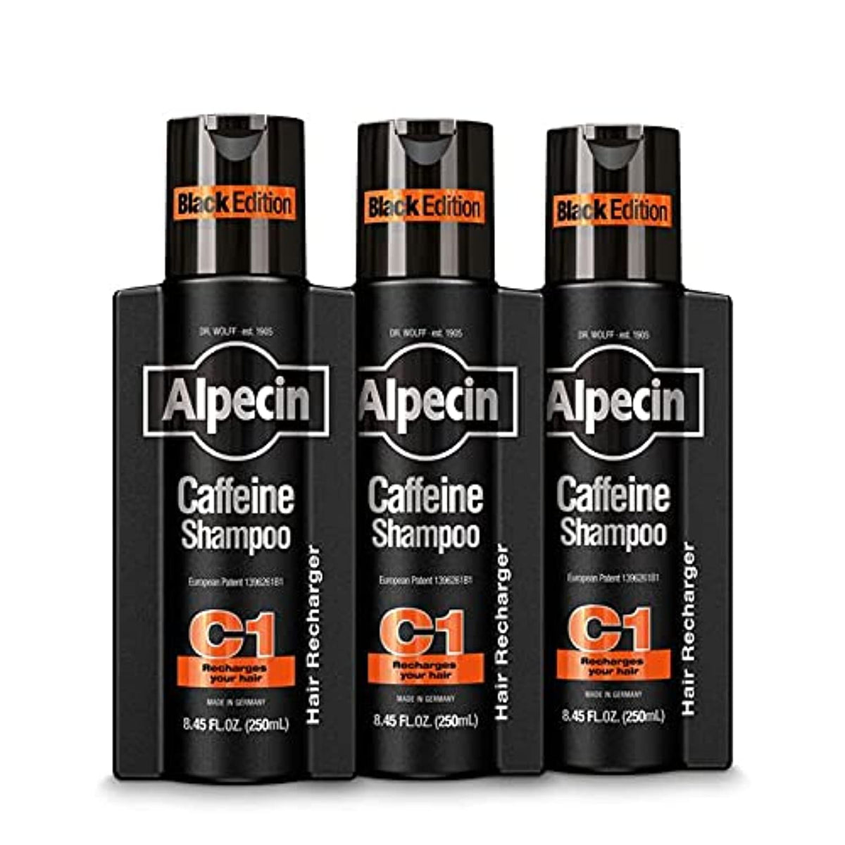 Alpecin C1 Édition Noire: flacon en vedette, pousse naturelle stimulée.