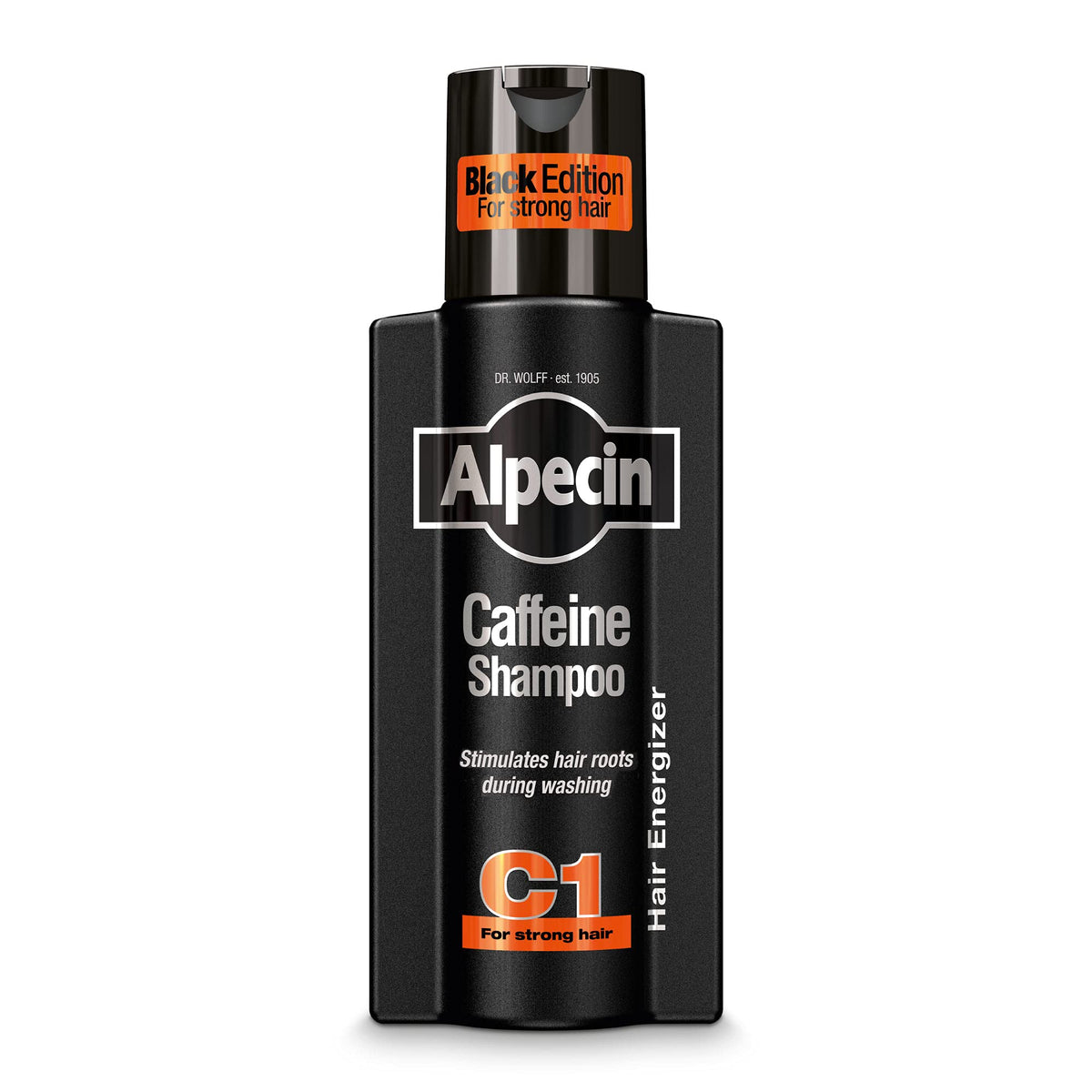 alpecin c1 black edition bottle shown for daily scalp energizing routine.